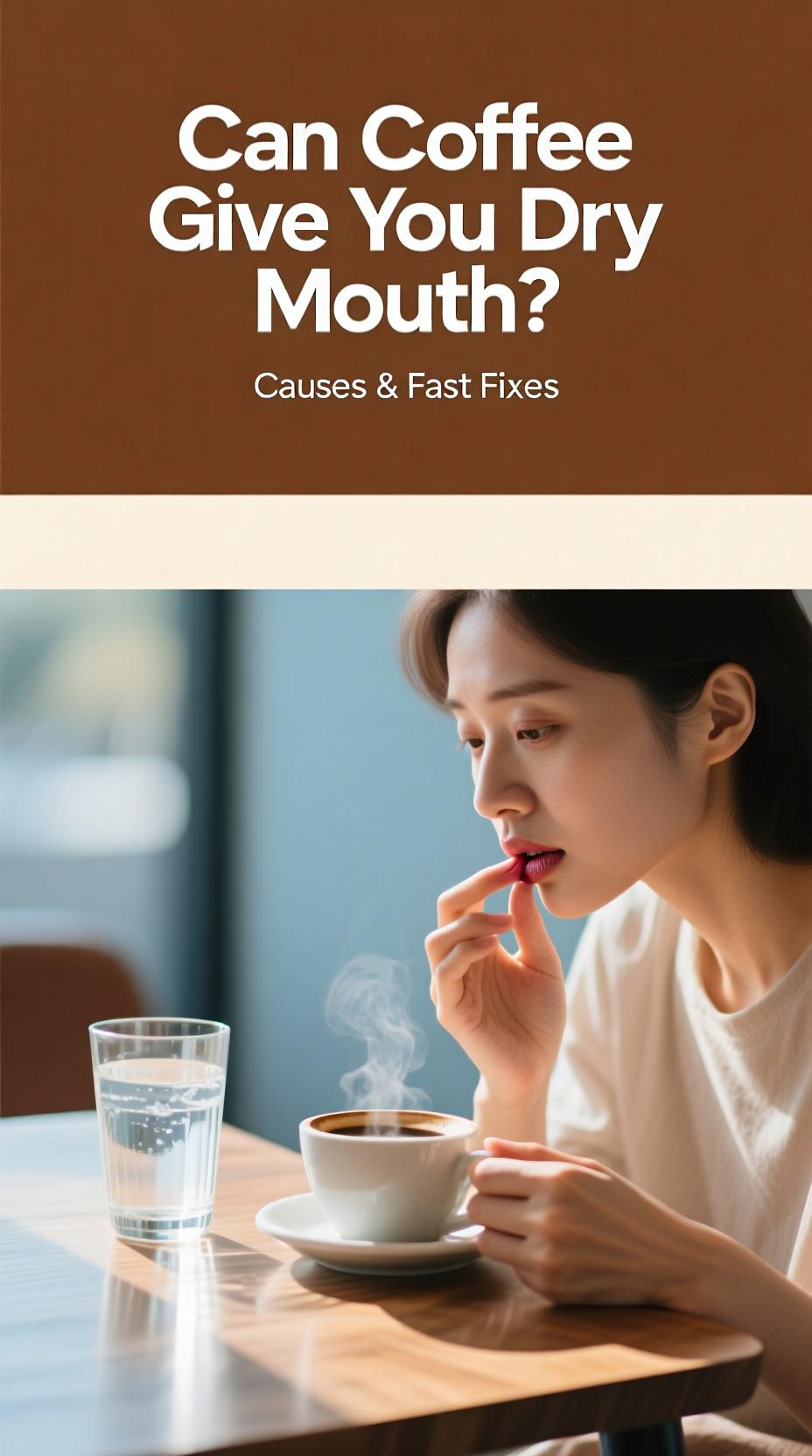 A woman holding a cup of coffee and looking thoughtful, illustrating the question can coffee give you dry mouth.