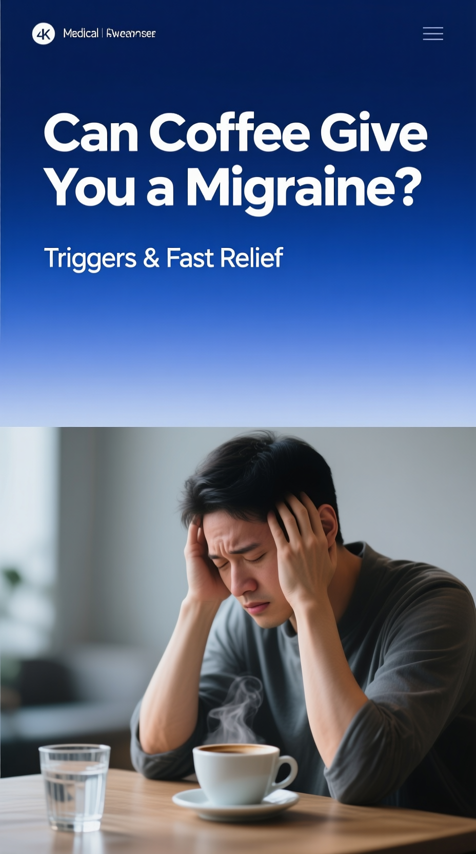 A stylized image showing a coffee cup on one side and a brain with migraine aura on the other, representing the dual nature of coffee and migraines.