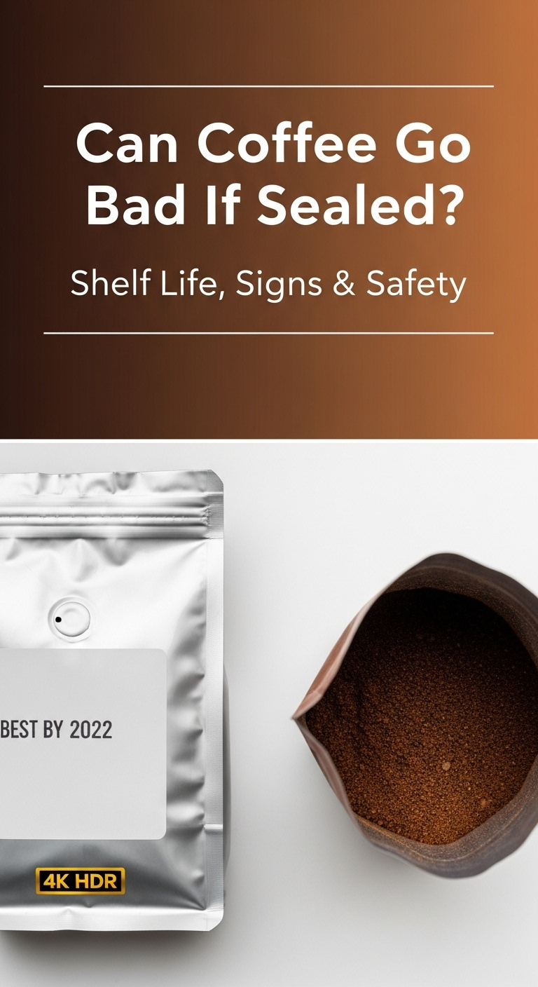 A sealed bag of coffee beans next to a cup of freshly brewed coffee, illustrating the concept of whether can coffee go bad if sealed.