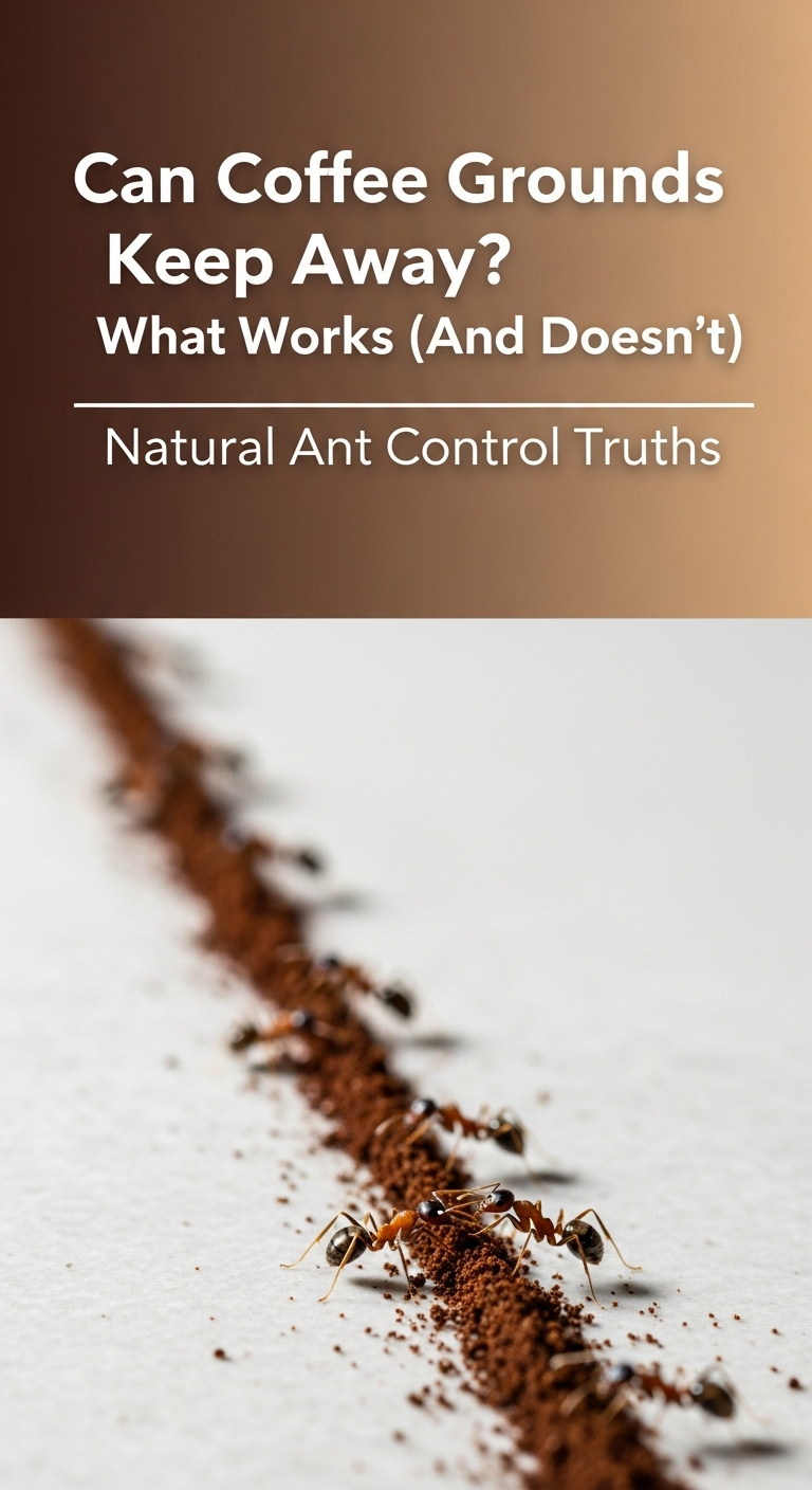 A line of coffee grounds on a white surface with several ants near it, demonstrating the concept of can coffee grounds keep ants away.