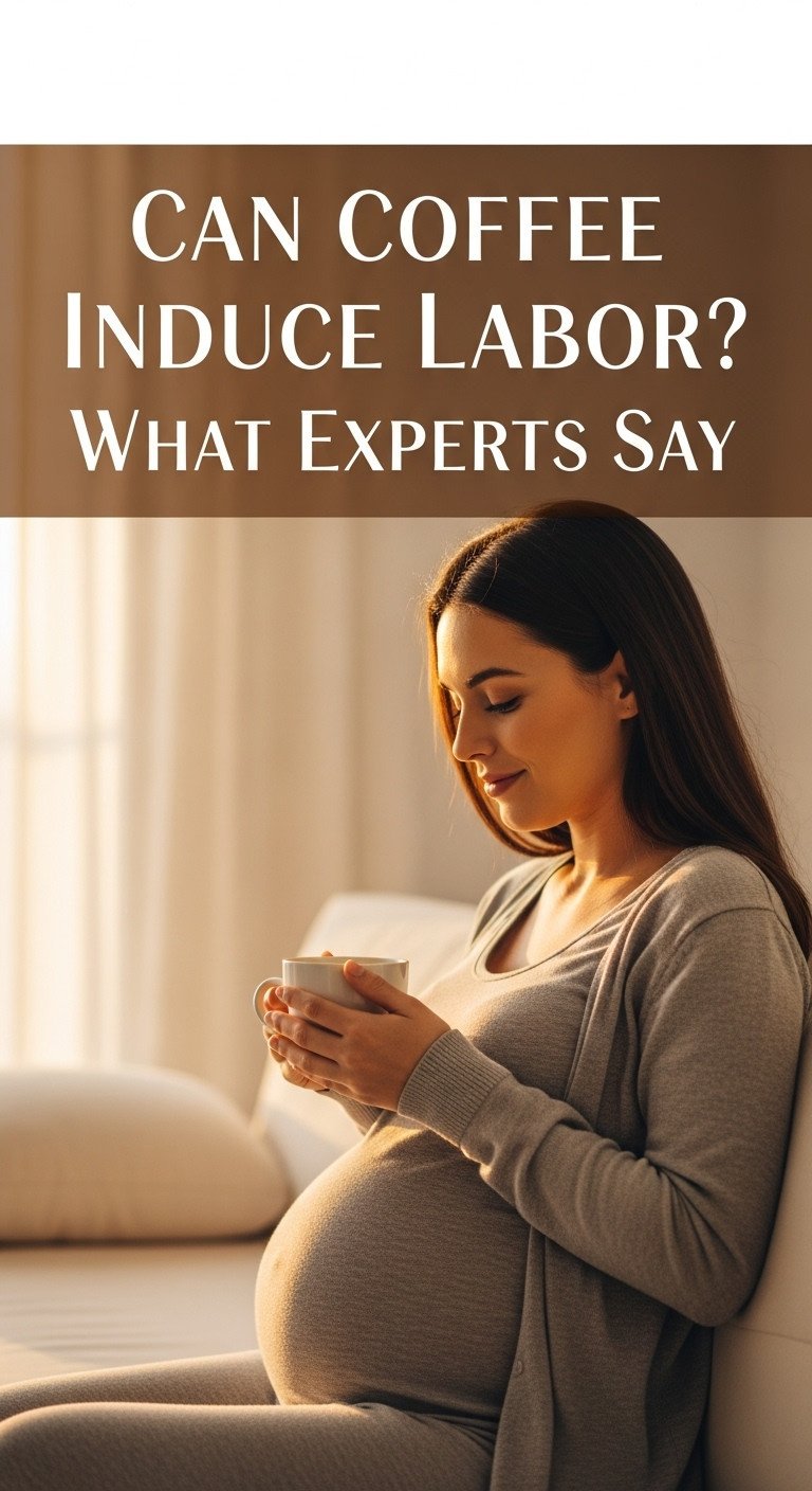 A pregnant woman holding a cup of coffee and looking thoughtful, illustrating the question of whether can coffee make you go into labor
