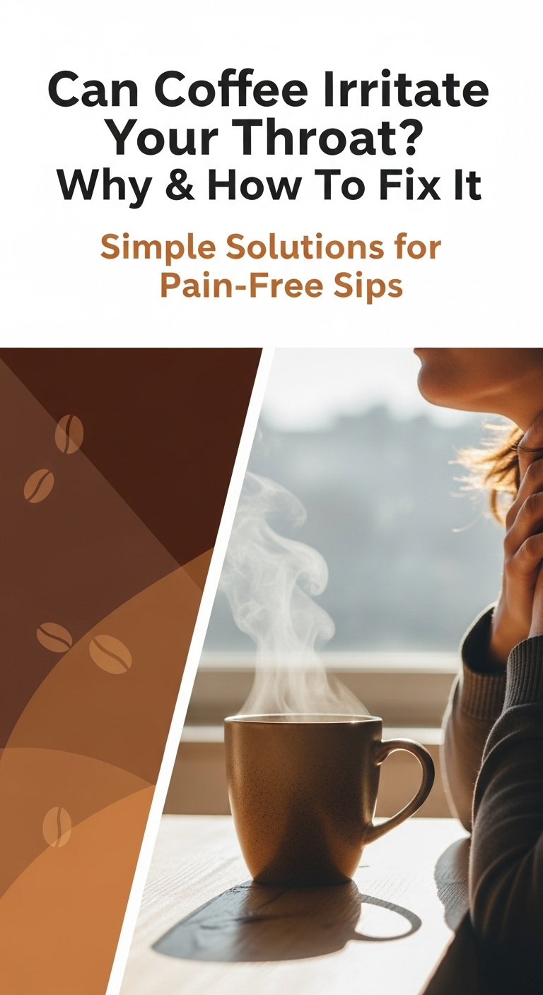 A person holding a cup of coffee looking concerned about if can coffee irritate your throat