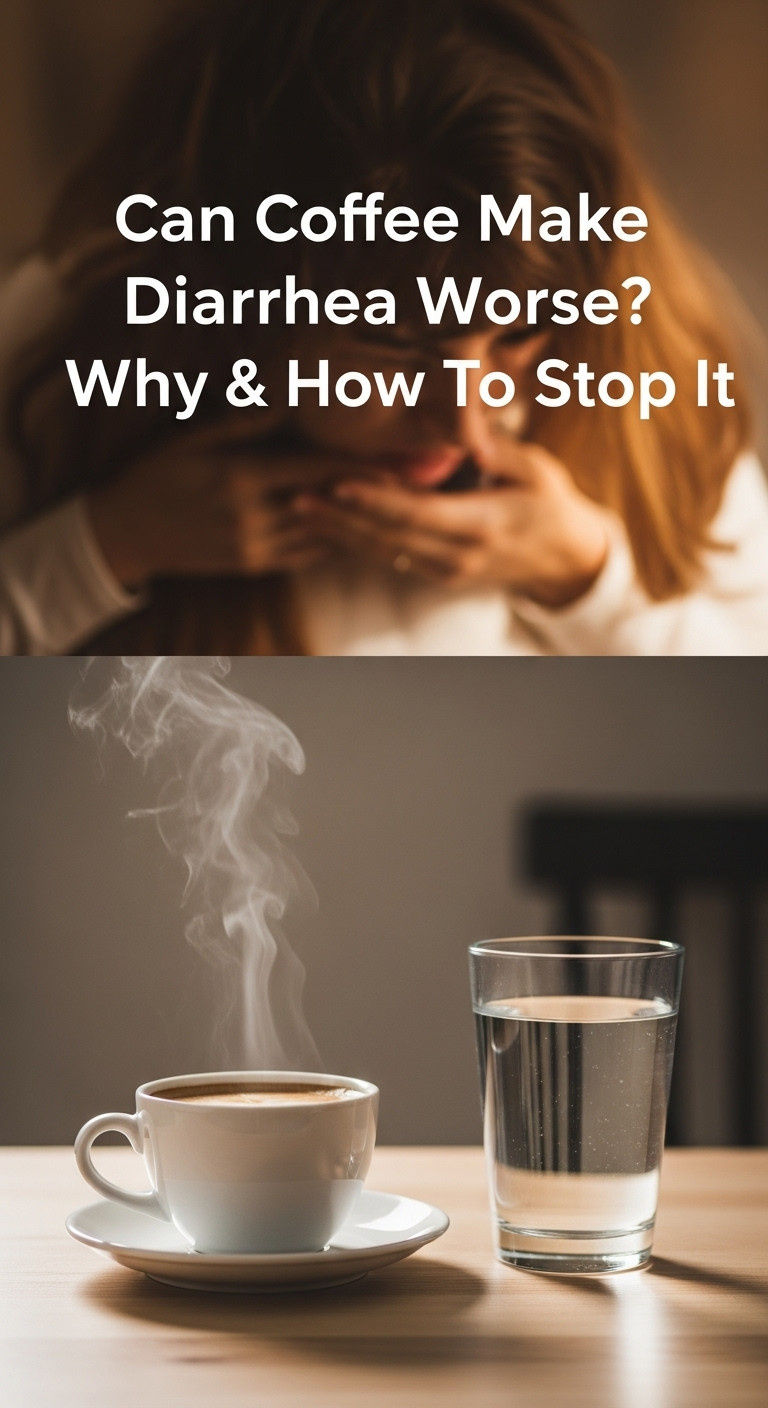 A person looking thoughtfully at a cup of coffee, considering if it can make diarrhea worse.