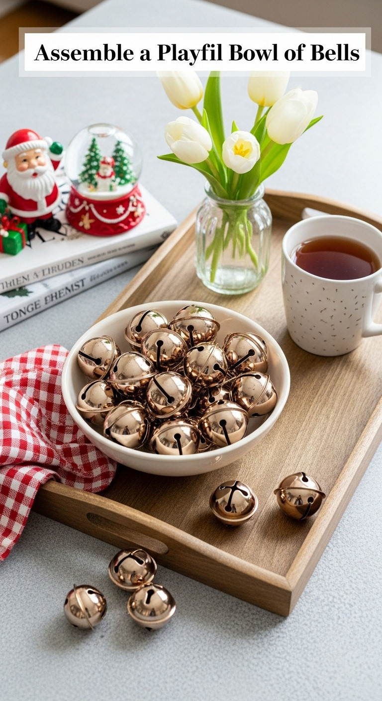 Ceramic bowl full of shiny gold jingle bells on a rustic wooden tray with a Santa snow globe and white tulips
