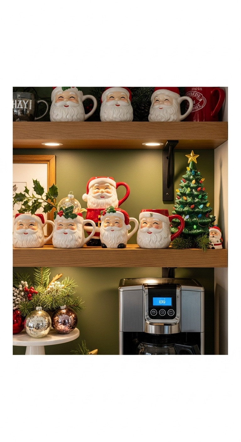 Charming Christmas coffee station with vintage Santa mugs, mercury glass ornaments, and holly on a wooden shelf