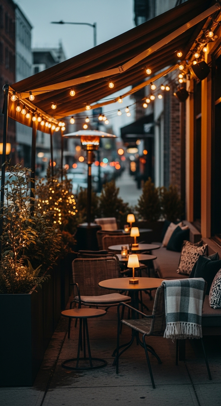 Charming cafe patio at dusk with string lights weather-resistant furniture and lush greenery creating a cozy magical inviting mood