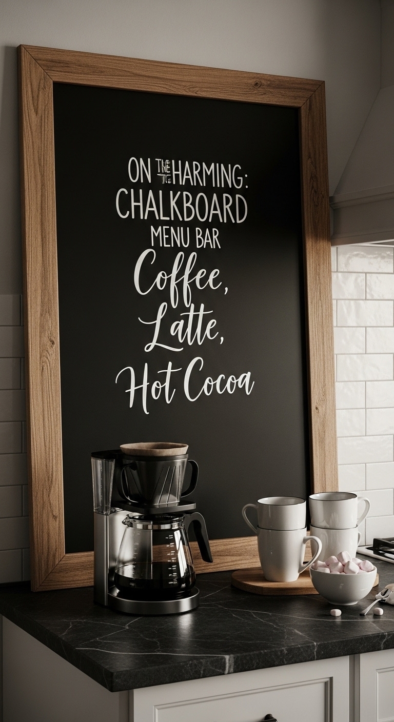 Charming chalkboard menu bar with hand-lettered coffee menu leaning on kitchen backsplash above drip coffee maker