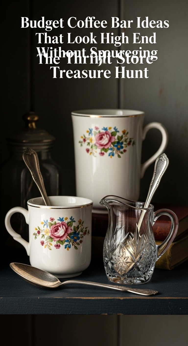 Budget Coffee Bar Ideas That Look High End Without Splurging 11 Charming collection of thrifted coffee accessories including a vintage floral ceramic mug and crystal creamer pitcher on a dark wooden shelf