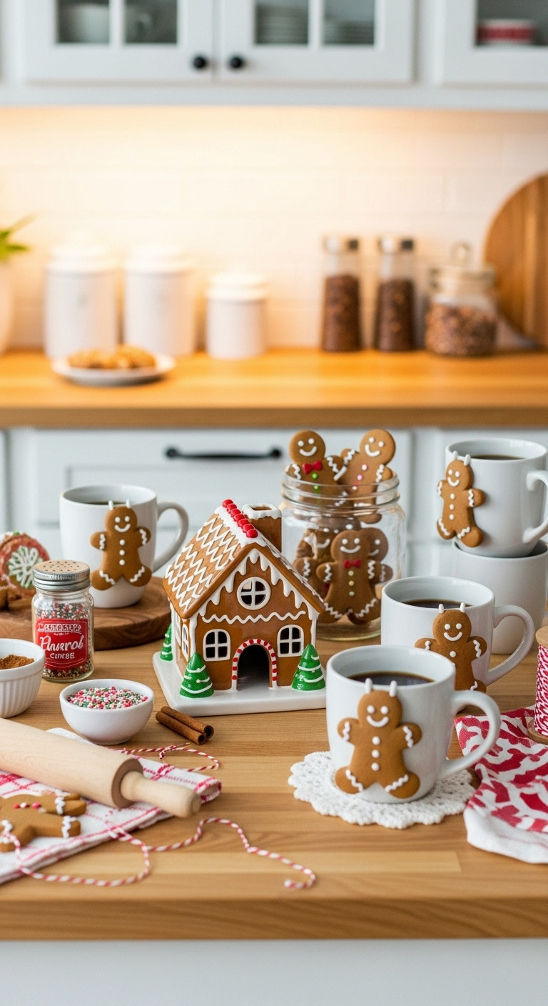 Charming gingerbread bakery themed coffee and cocoa bar with ceramic gingerbread house gingerbread cookies and mugs with huggers