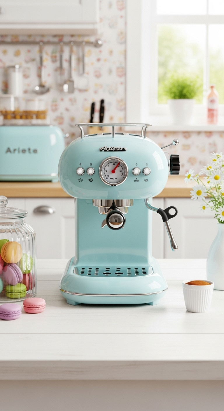 Charming pastel blue Ariete Vintage espresso machine with rounded retro body and large dials in a bright kitchen