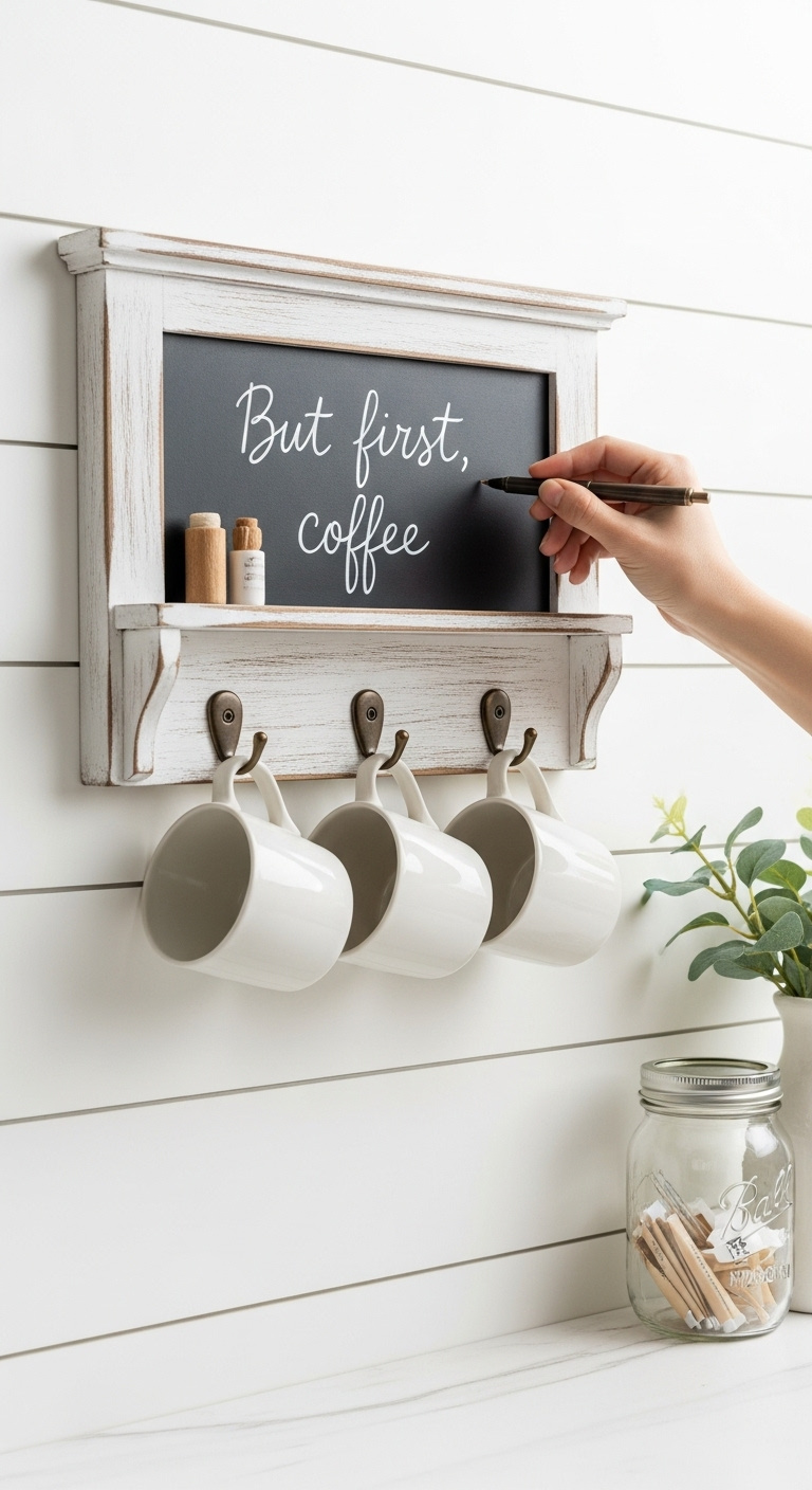 Charming wall mounted farmhouse mug rack made from distressed white wood with a chalkboard and bronze hooks holding white mugs