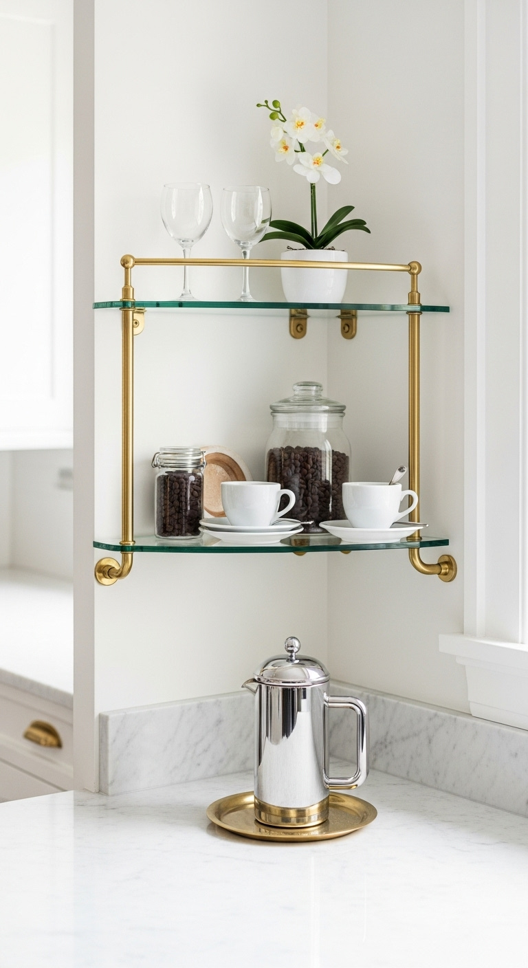 Chic bistro style coffee bar with a two tiered glass shelf brass rail and chrome French press on a marble countertop