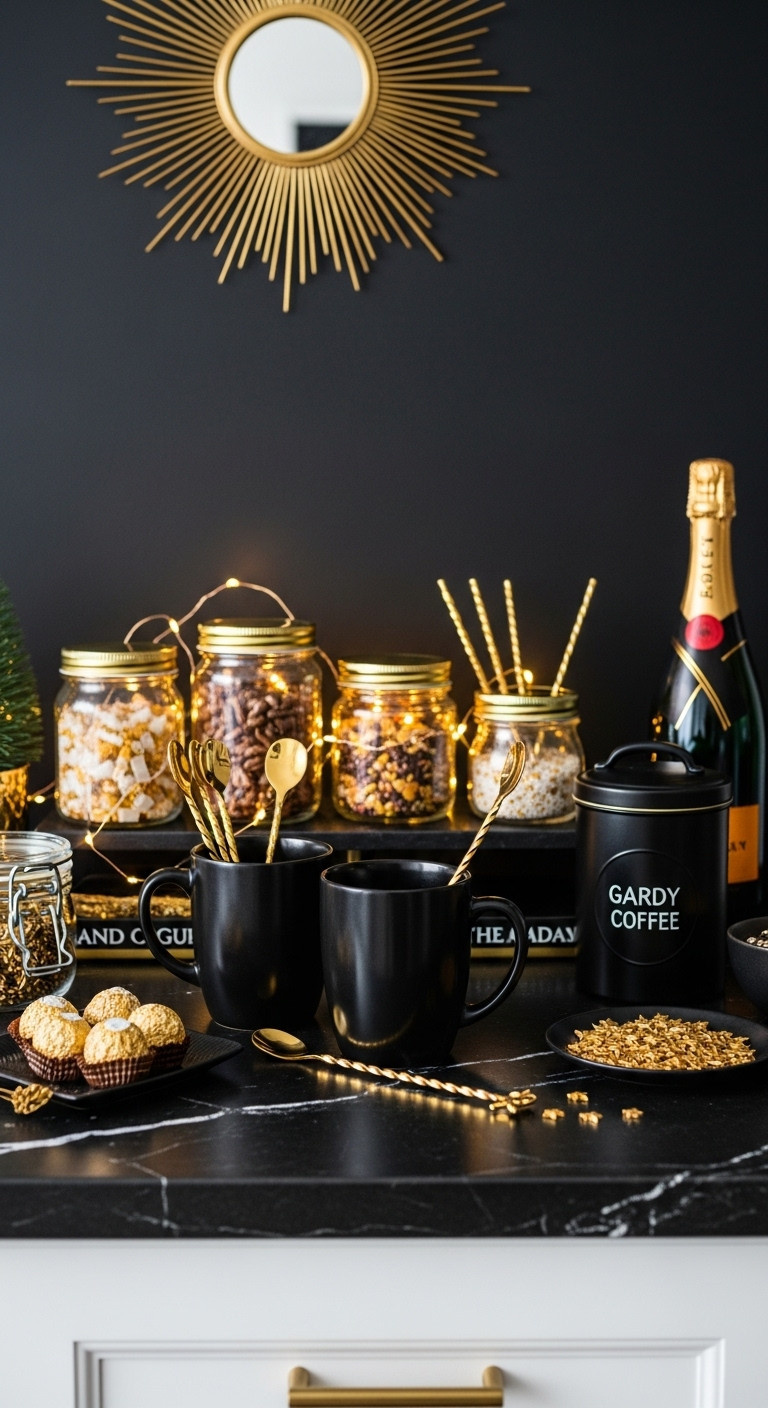 Chic black and gold Christmas coffee bar with black mugs gold spoons glass jars with gold lids and warm fairy lights