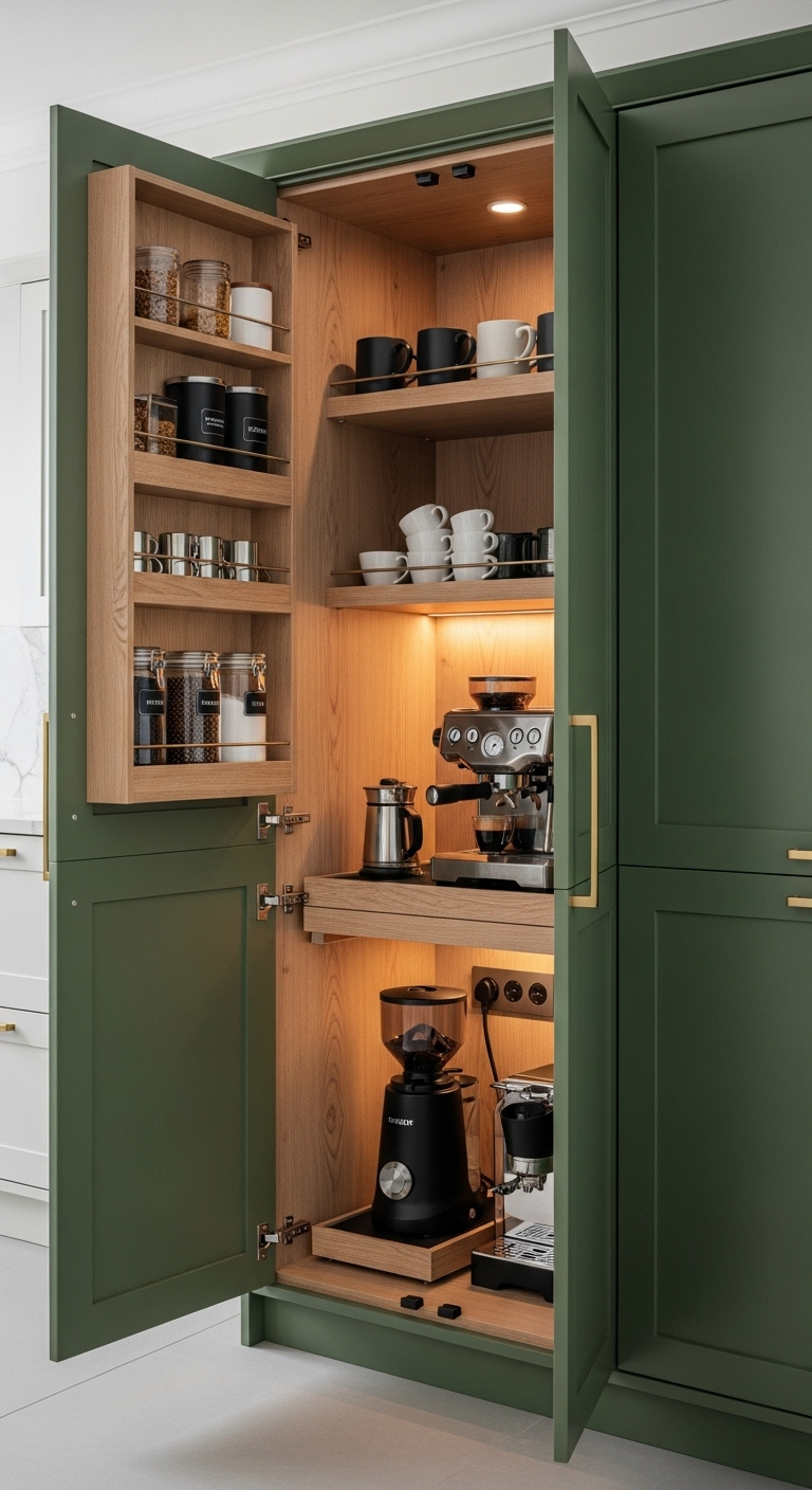 Chic coffee and bar cabinet with espresso machine wine rack and glassware for stylish home decor
