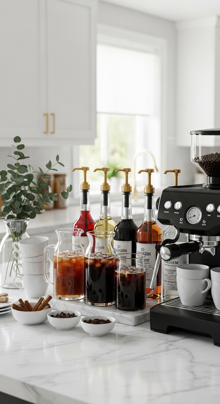 Chic coffee bar on white marble countertop with black espresso machine glass carafes and flavor syrups