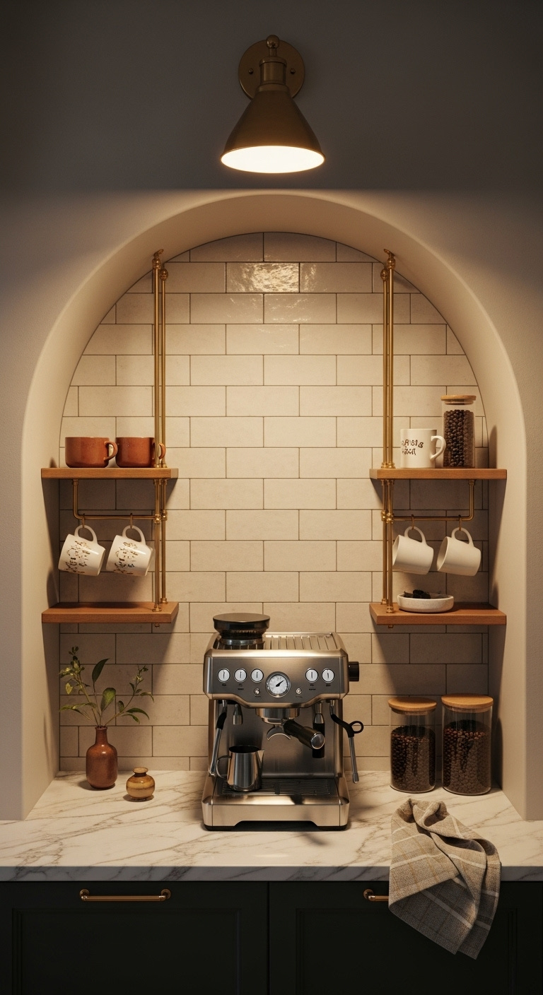 Chic coffee nook in an archway with subway tile, espresso machine, gold floating shelves, and marble counter with brass sconce
