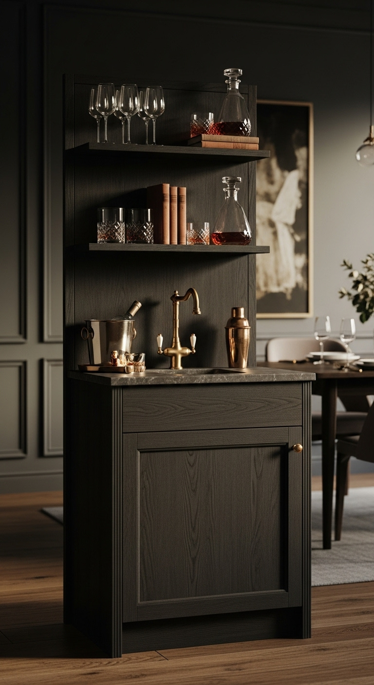 Chic coffee wine cabinet in walnut wood with espresso maker