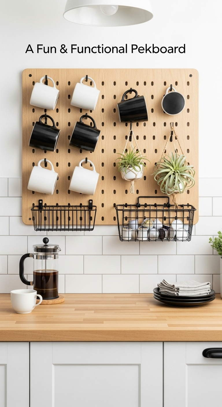 Chic floating shelves over coffee bar with rustic walnut shelves white mugs glass canisters succulent chrome espresso machine on white quartz