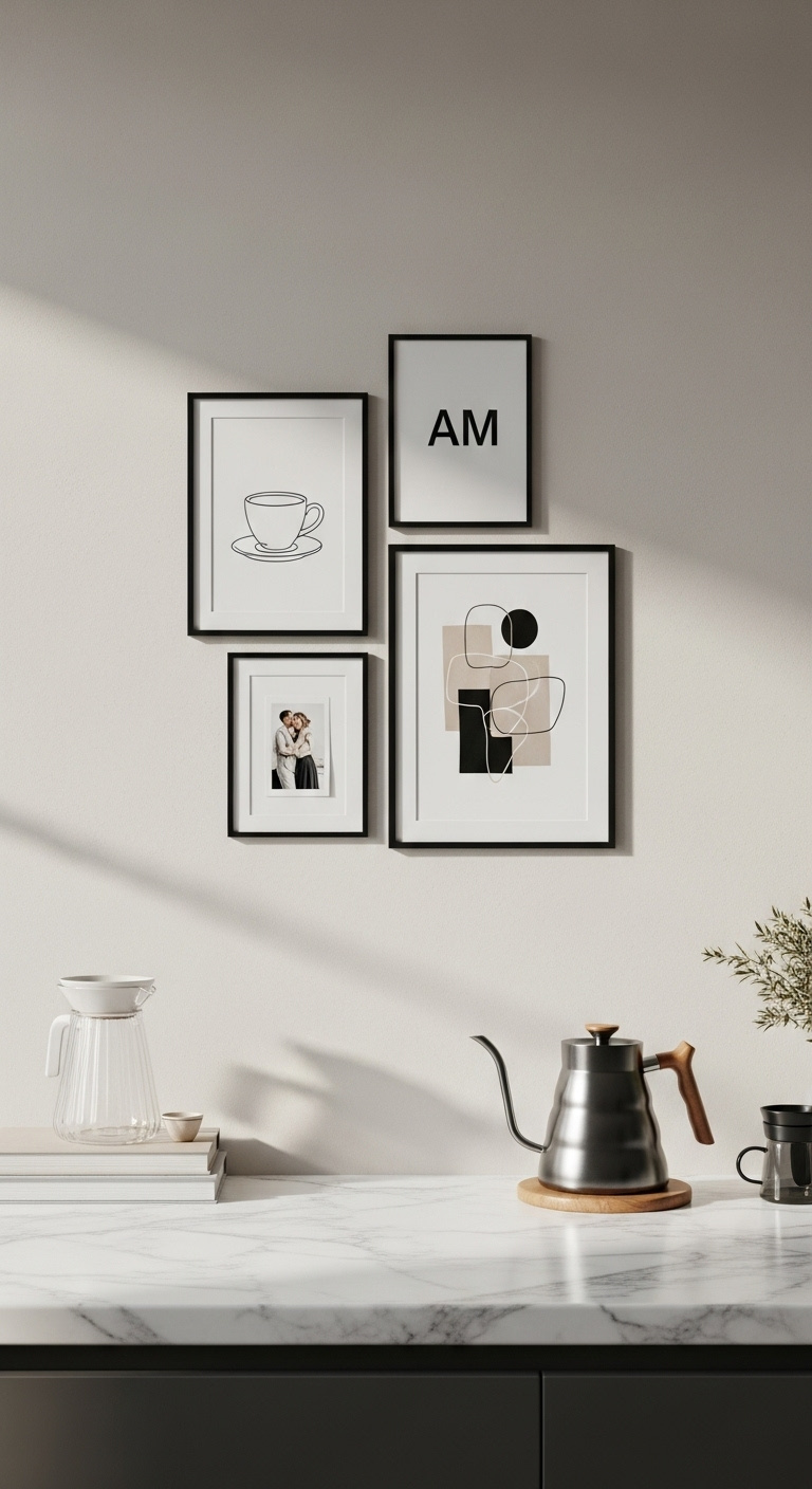 Chic floating shelves over coffee bar with rustic walnut shelves white mugs glass canisters succulent chrome espresso machine on white quartz