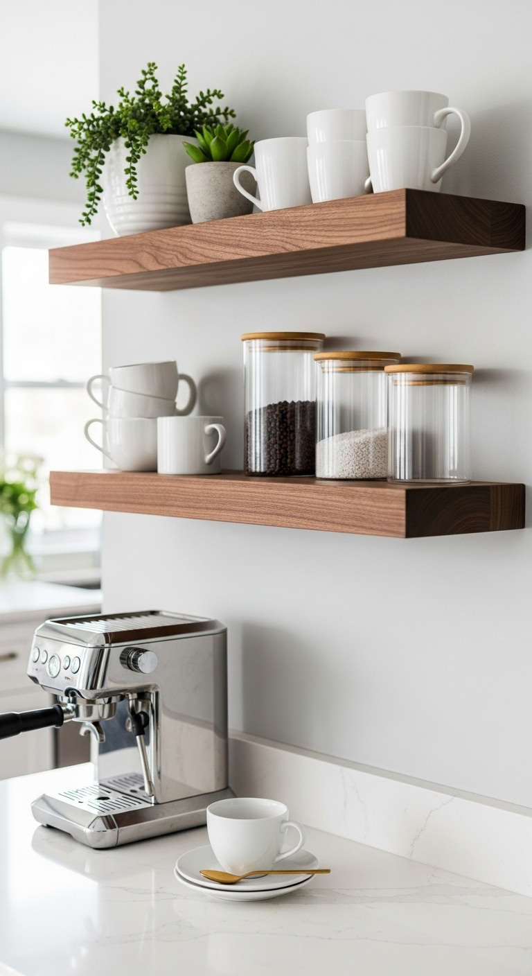 Chic floating shelves over coffee bar with rustic walnut shelves white mugs glass canisters succulent chrome espresso machine on white quartz