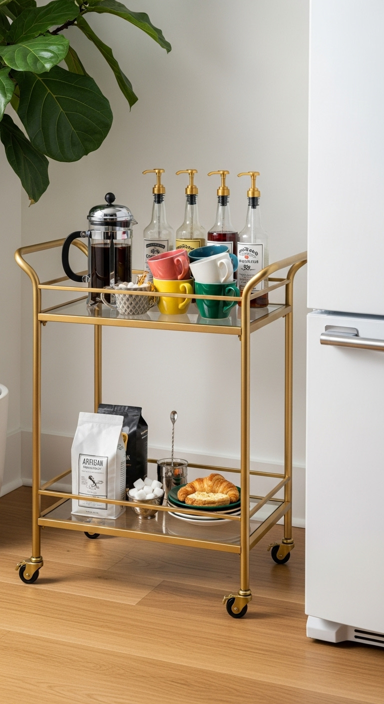 Chic gold and glass rolling bar cart with French press mugs syrups and coffee beans next to a modern white refrigerator