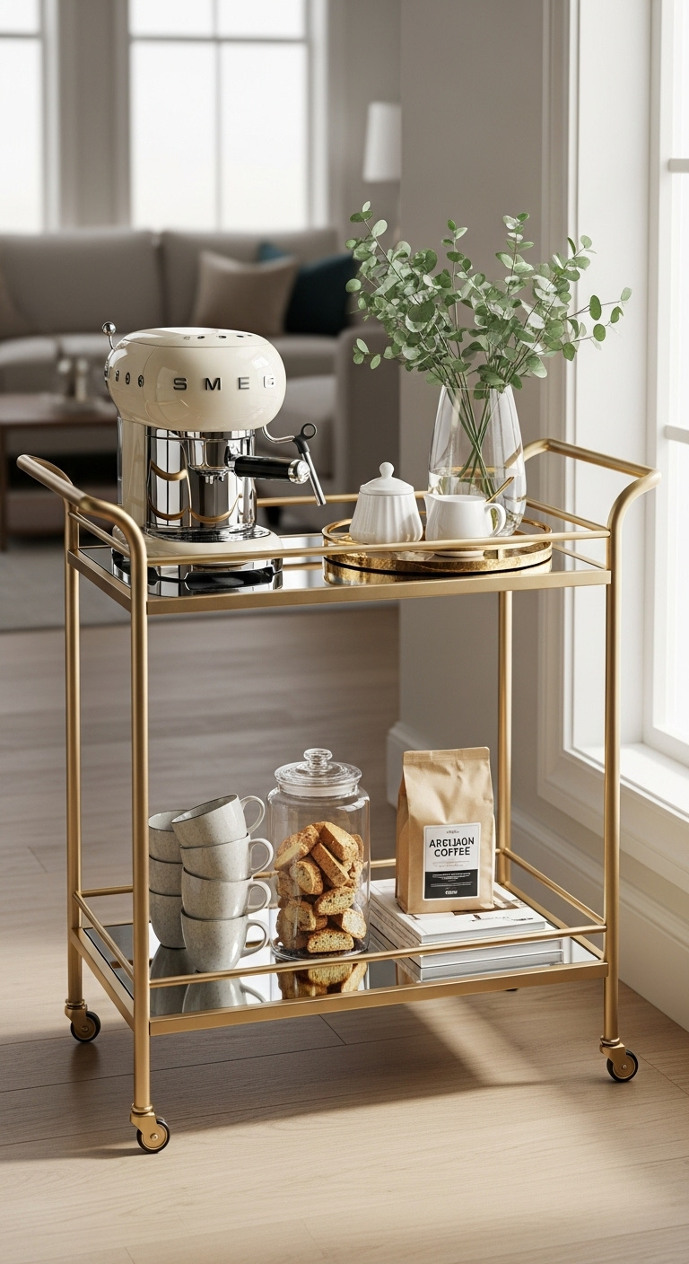Chic gold-framed bar cart with mirrored shelves holding a cream Smeg espresso machine mugs and eucalyptus by a window