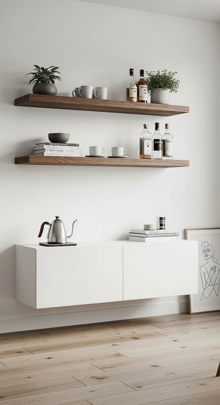 Chic home coffee and bar cabinet featuring an espresso machine wine storage and glassware display
