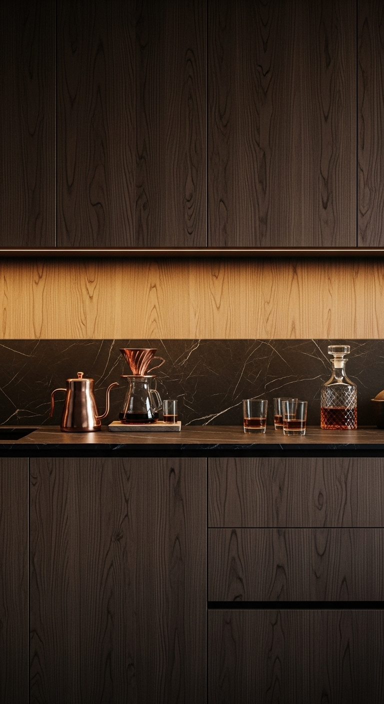 Chic home coffee and wine bar combining sleek design with ample storage for drinks