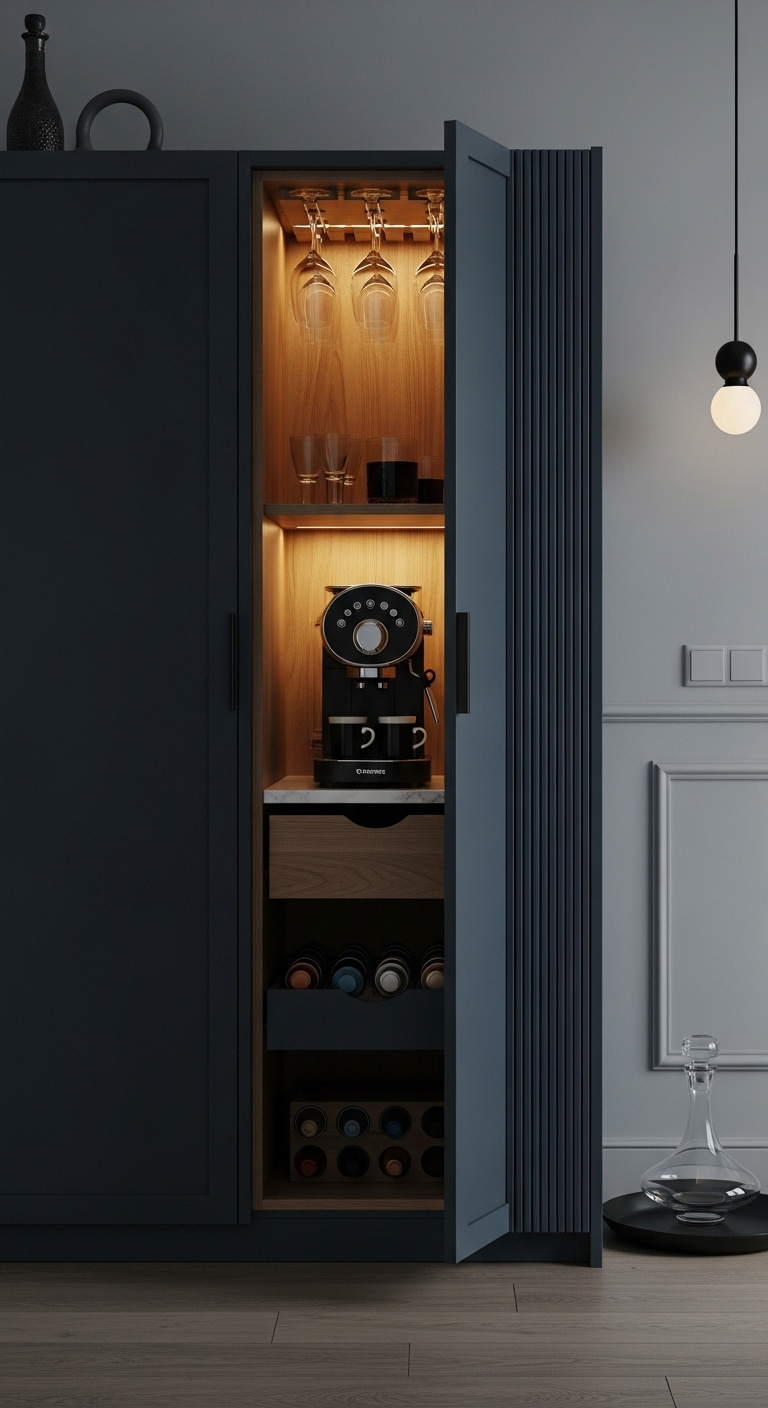 Chic home wine bar coffee bar with matte black and oak cabinetry wine rack and espresso machine