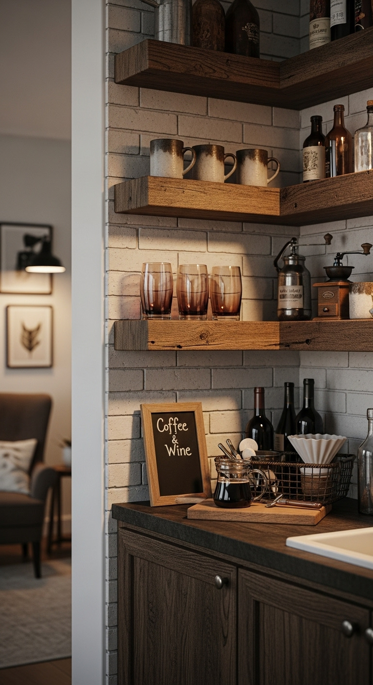 Chic home wine bar coffee bar with matte black and oak cabinetry wine rack and espresso machine