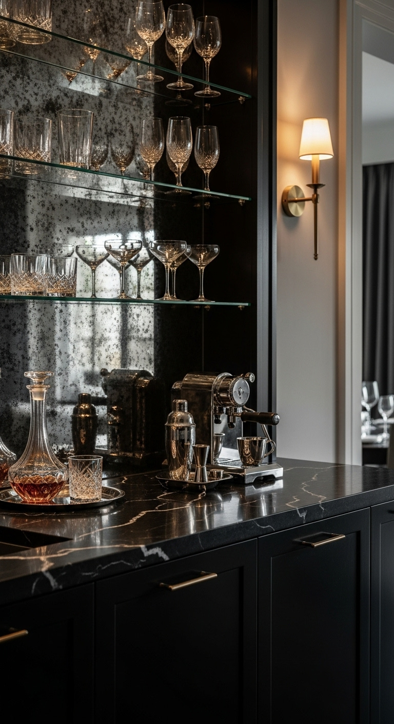 Chic home wine bar coffee bar with matte black and oak cabinetry wine rack and espresso machine