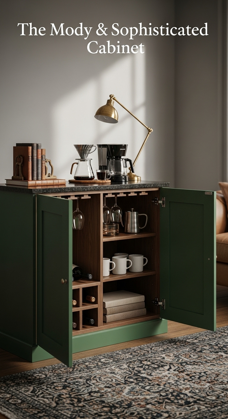 Chic home wine bar coffee bar with matte black and oak cabinetry wine rack and espresso machine