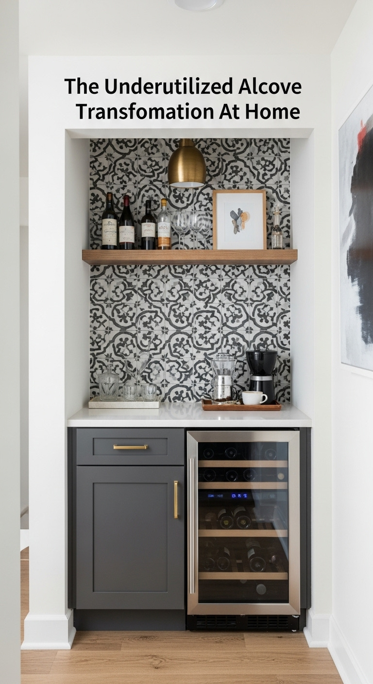 Chic home wine bar coffee bar with matte black and oak cabinetry wine rack and espresso machine
