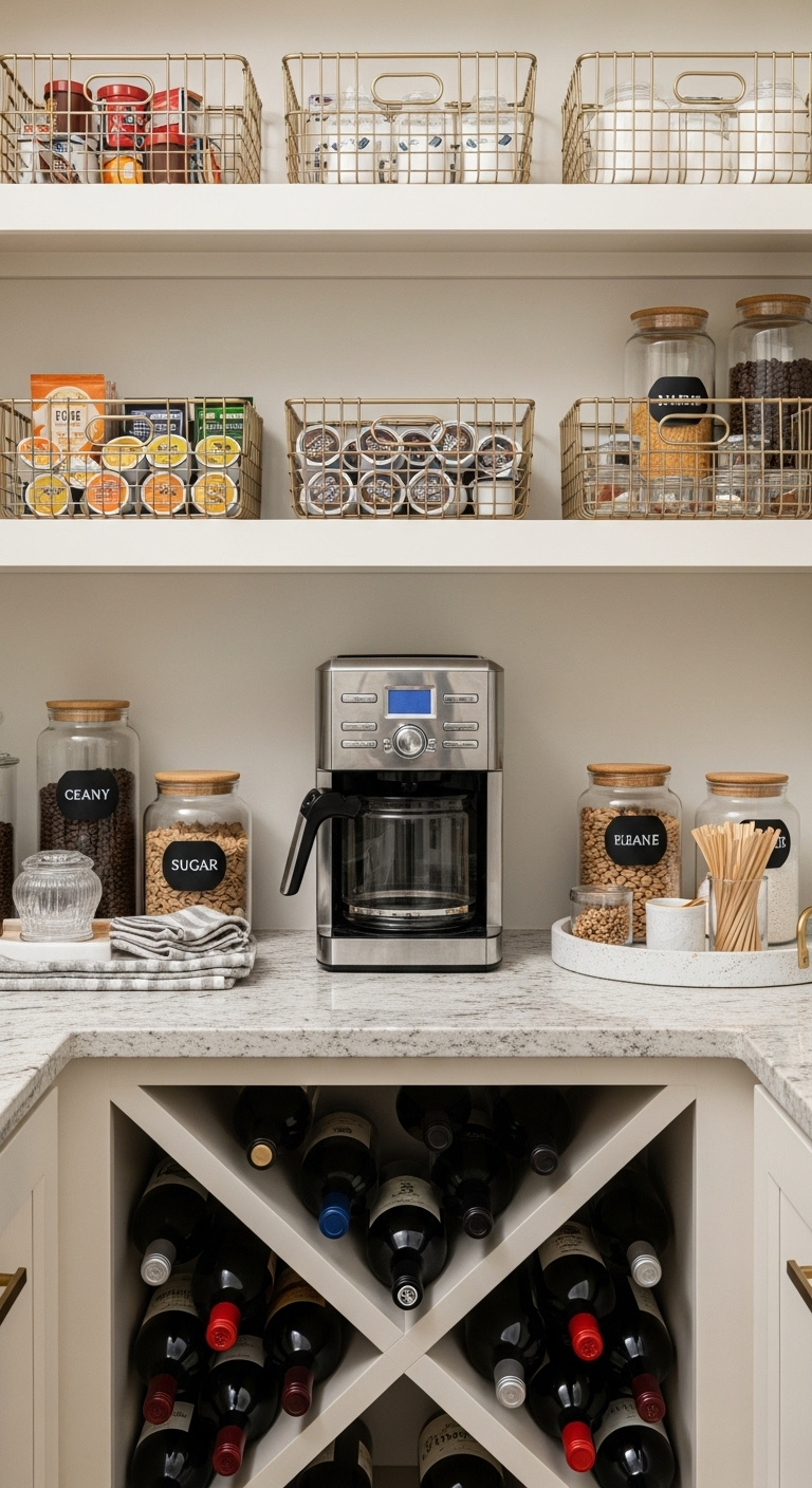 Chic home wine bar coffee bar with matte black and oak cabinetry wine rack and espresso machine