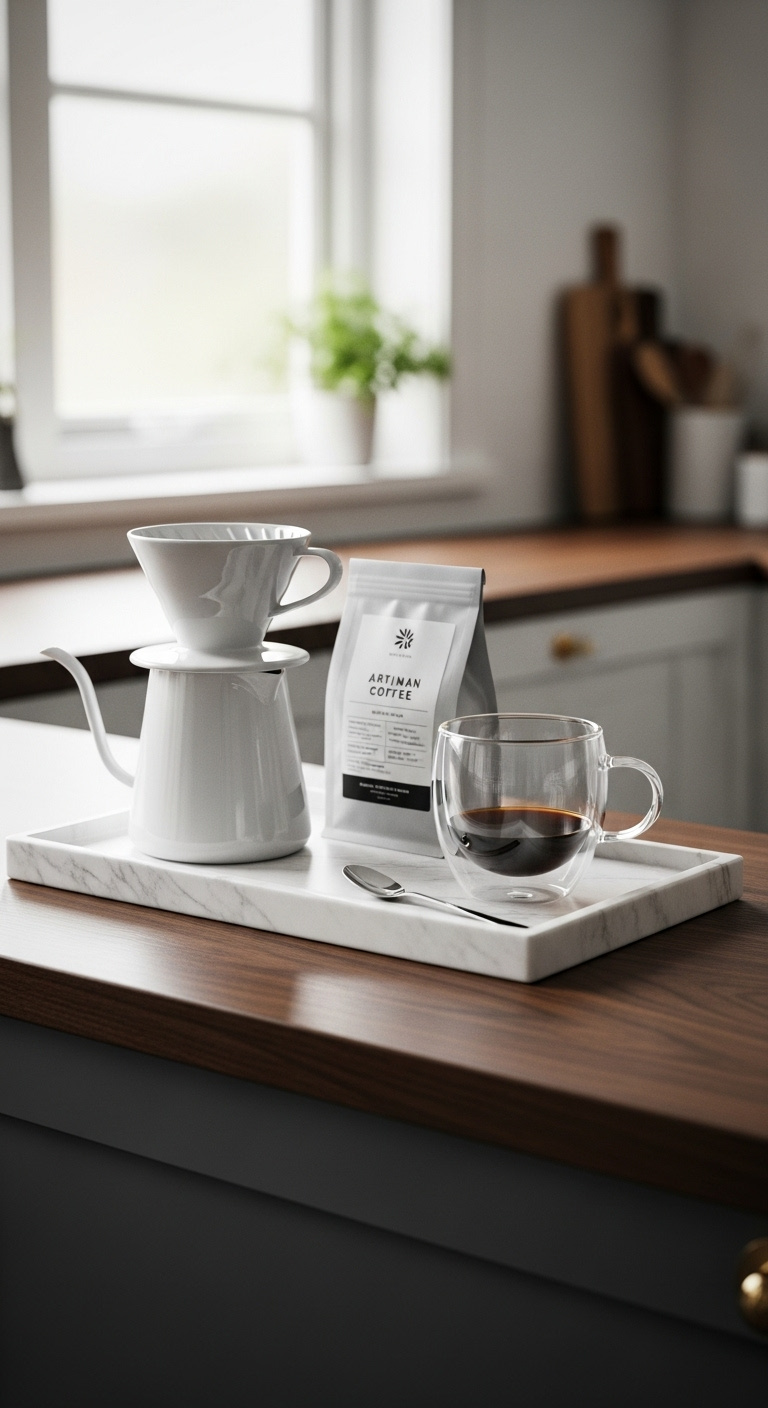 Chic marble tray creating a movable coffee station with a white pour over dripper coffee beans and a glass mug