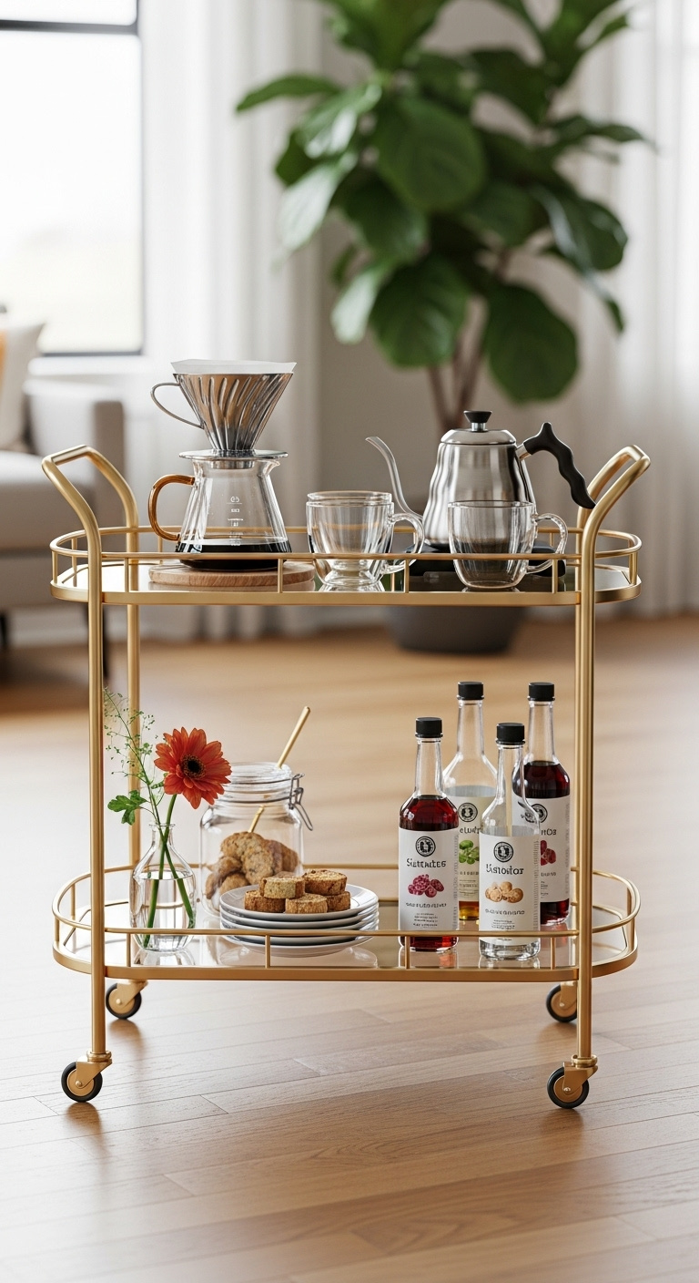 Chic mobile coffee bar cart with gold metal and glass tiers, pour-over coffee maker, elegant mugs, biscotti, and syrups