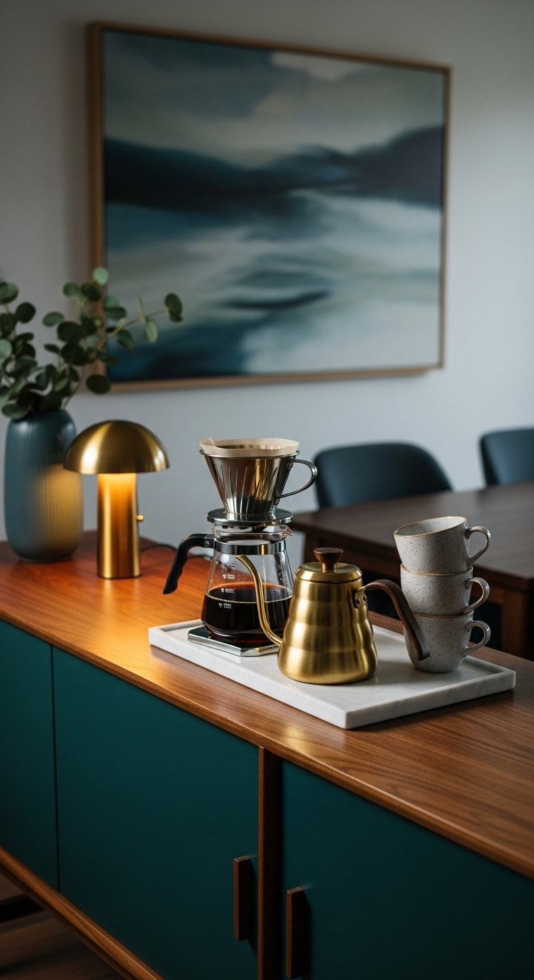 Chic repurposed dark teal sideboard coffee bar with drip coffee maker brass kettle and speckled mugs