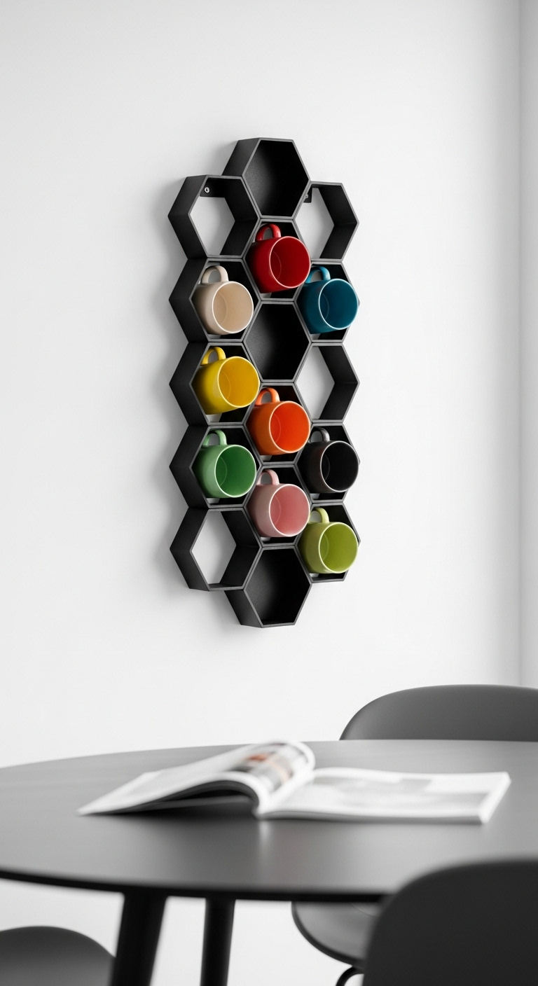 Chic repurposed matte black honeycomb metal wine rack mounted on a white wall holding brightly colored coffee mugs
