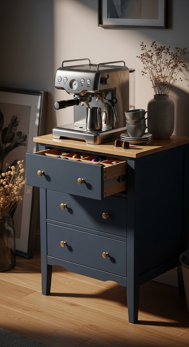 Chic repurposed navy dresser coffee bar with chrome espresso machine and organized pods in a stylish living room