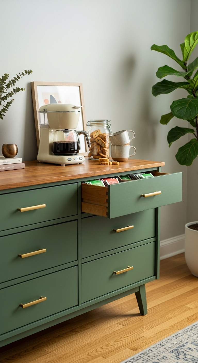 Chic repurposed sage green dresser as a coffee bar with a retro coffee maker mugs and biscotti in a cozy living room