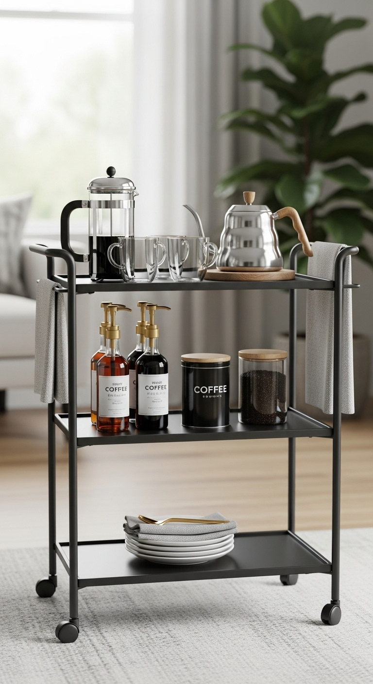 Chic rolling bar cart styled as a coffee station with French press kettle glass mugs syrups and plates