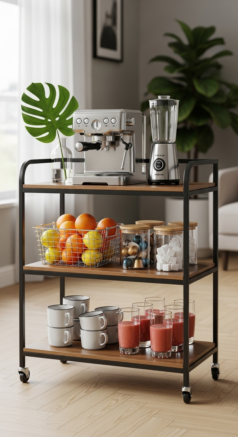 Chic rolling beverage cart with matte black frame, dark wood shelves, espresso machine, blender, fresh fruit, glass canisters, and mugs