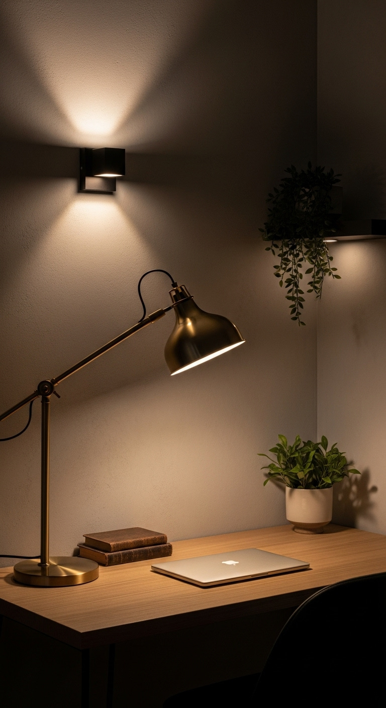 Chic small office nook with layered lighting a brass floor lamp wall sconce and accent light creating an expensive cozy and elegant mood