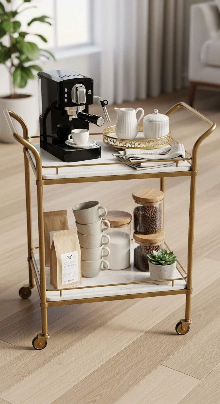 Chic three-tiered brass and marble rolling bar cart styled as a coffee station with an espresso machine mugs and coffee beans
