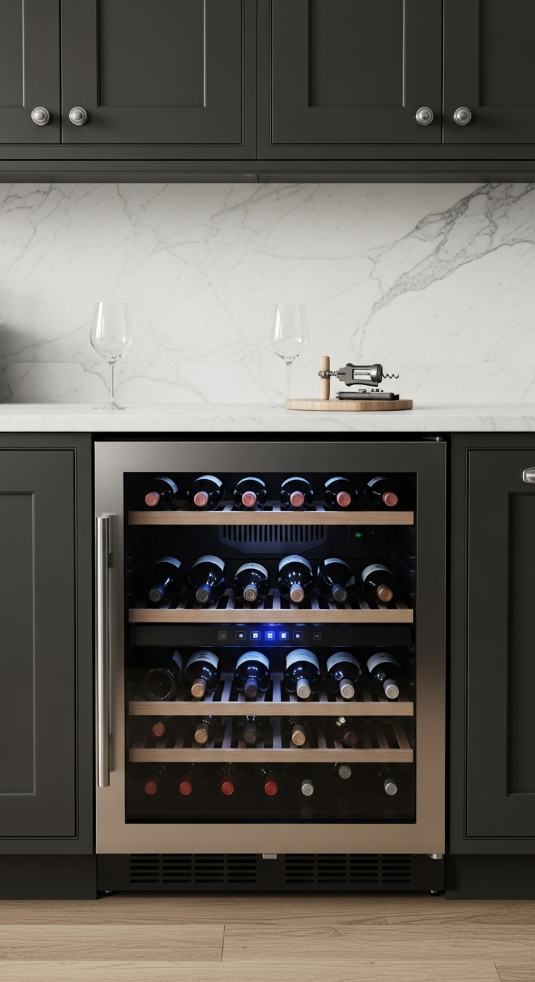 Chilled ready integrated wine nook with sleek under-counter wine fridge and dark gray cabinetry