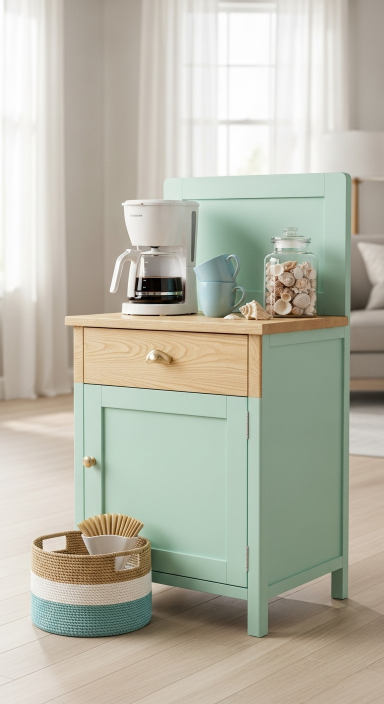 China cabinet coffee station painted seafoam green with natural oak back panel and countertop for a coastal vibe