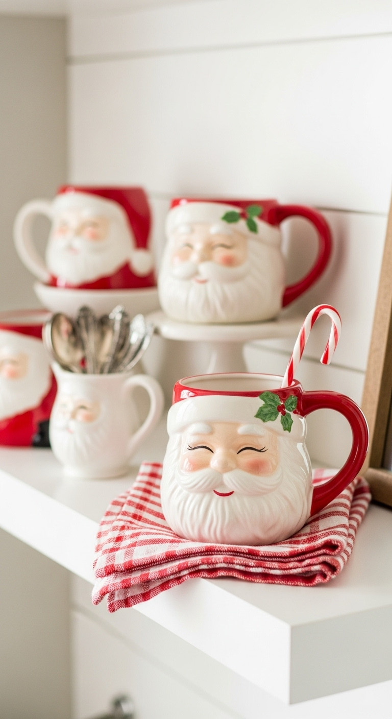 Christmas coffee bar accessories vintage Santa mugs red napkin candy cane stirrer white shelf cozy holiday decor