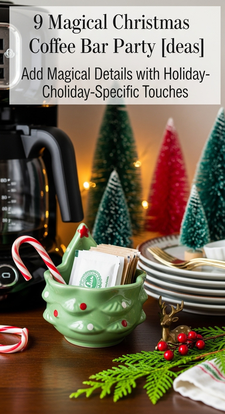Christmas tree shaped bowl holding sugar packets and vintage bottle brush trees on a dark wood surface