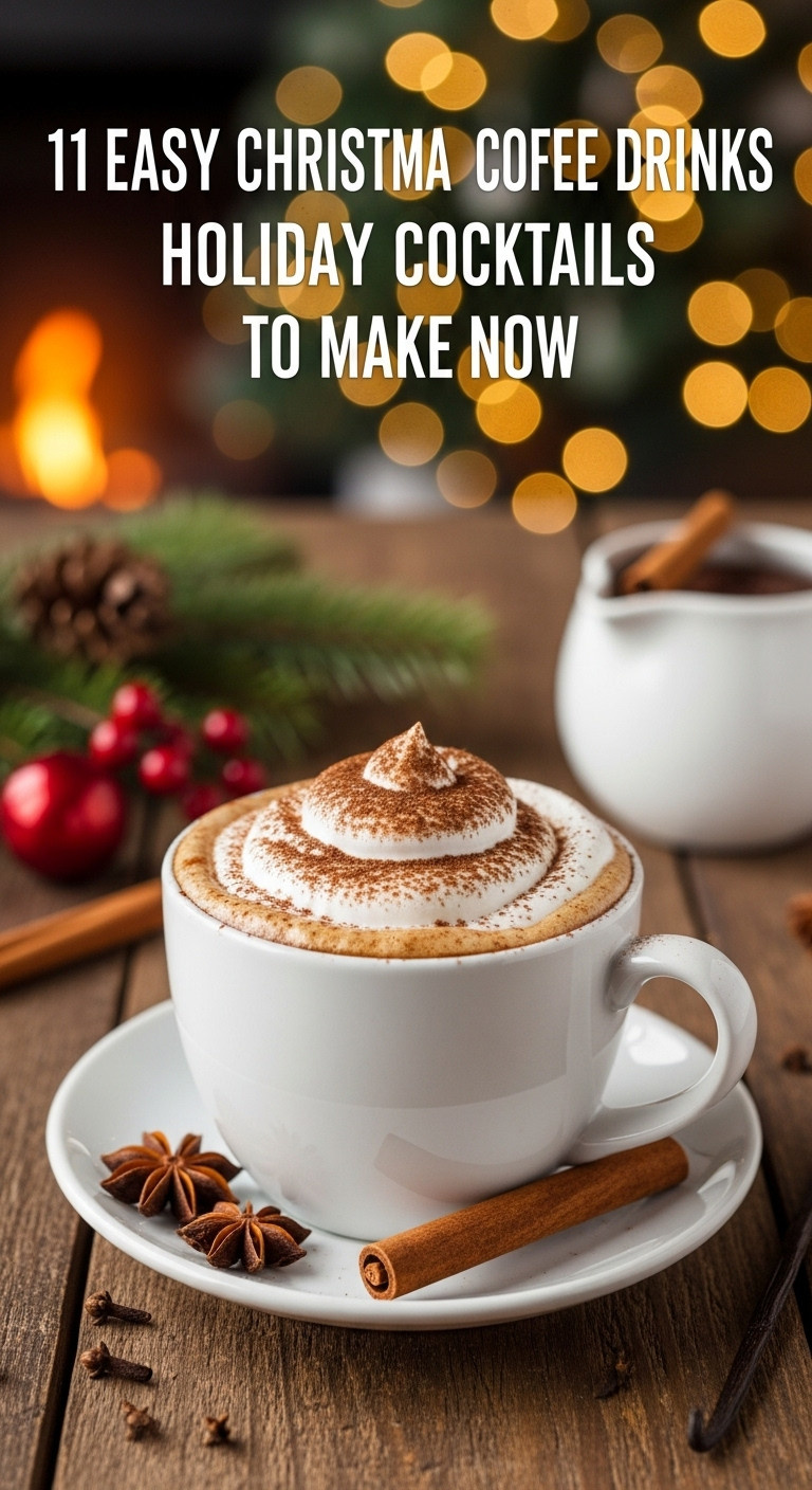 Classic Boozy Christmas Coffee with spiced whipped cream, cocoa powder, and cinnamon stick on a rustic wooden table