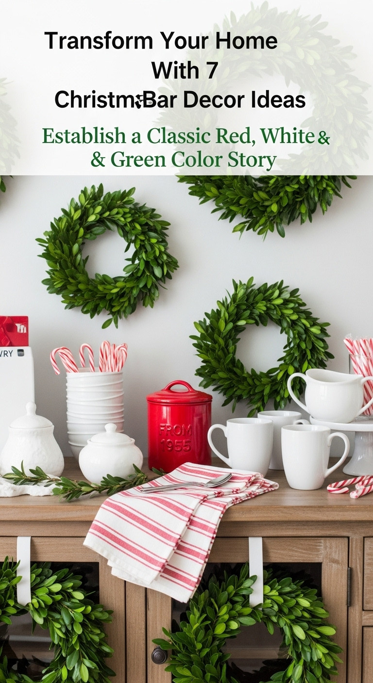 Classic Christmas coffee bar decor red white green mugs napkins wreaths rustic sideboard festive holiday station